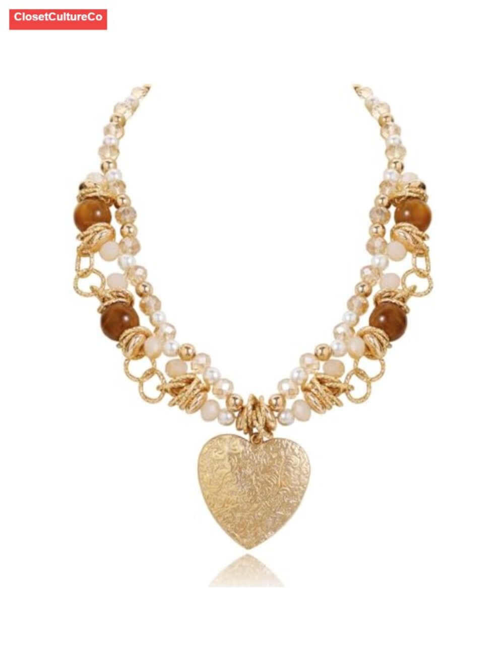 Layered Heart Pendant Necklace with Acrylic & Glass Beads, Retro Statement
